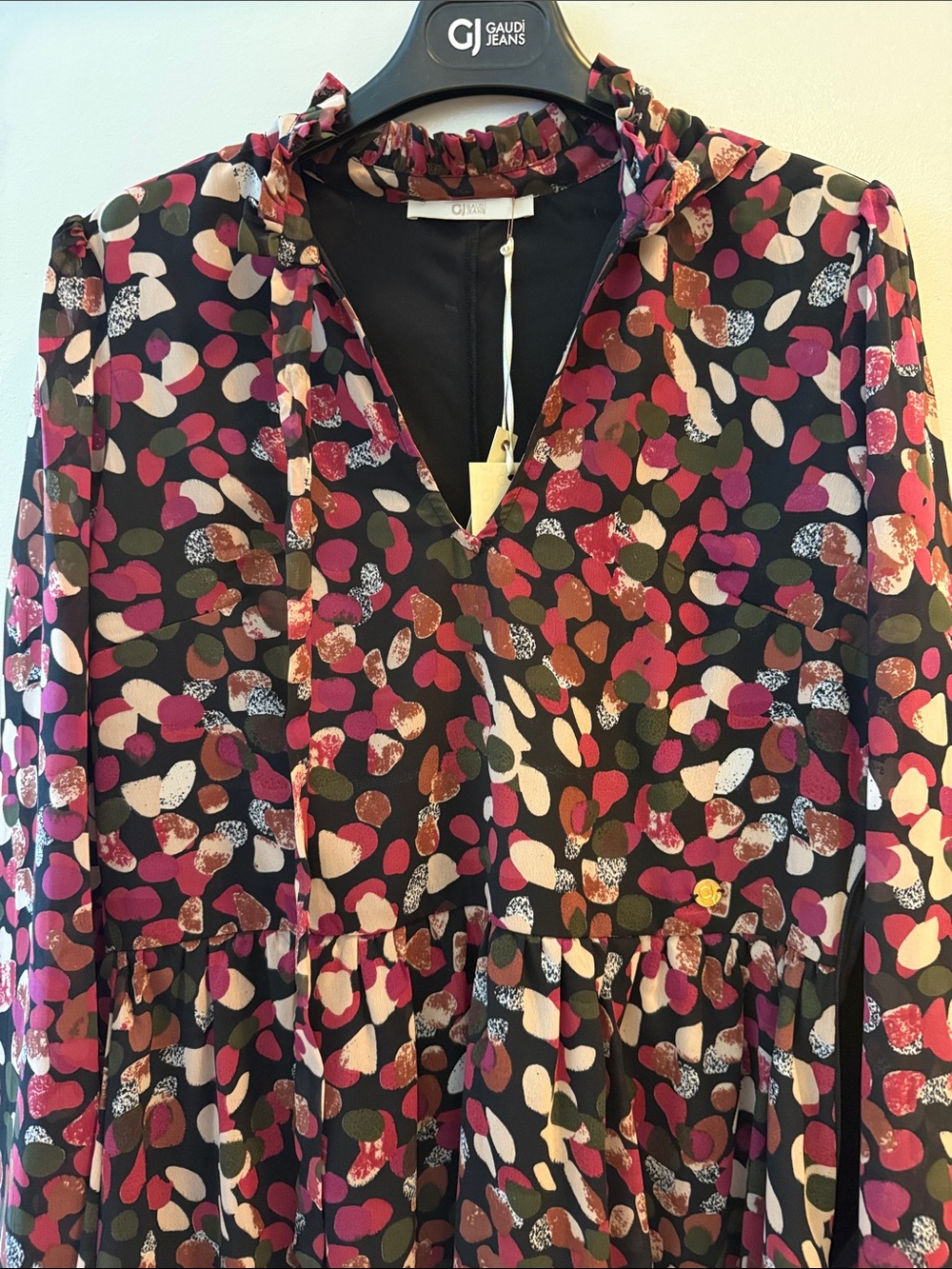Gaudi' Black Midi Dress with Pink, Red and Green Abstract Print
